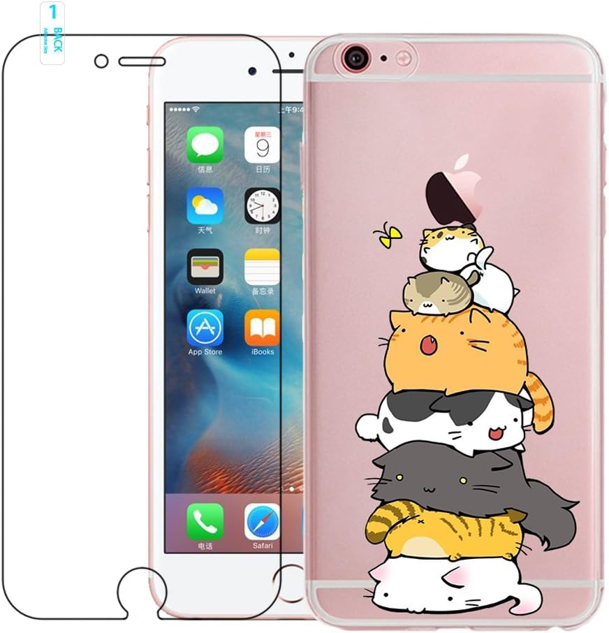 blossom01 iPhone 6 Case, iPhone 6S Case with Tempered Glass Screen Protector, Crystal Clear Soft Silicone Gel TPU Case Cute Cartoon Scratch Resistant Protective Cover for iPhone 6 / 6S - Cat