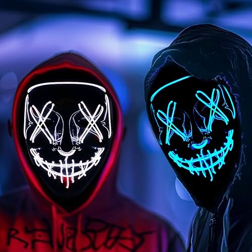 LKNBIF LED Halloween Light Up Mask, 3 Modes Light Up Led Mask, 2 PCS LED Anonymous Scary Masks for Adults, for Boys Kids Adult - Blue+White