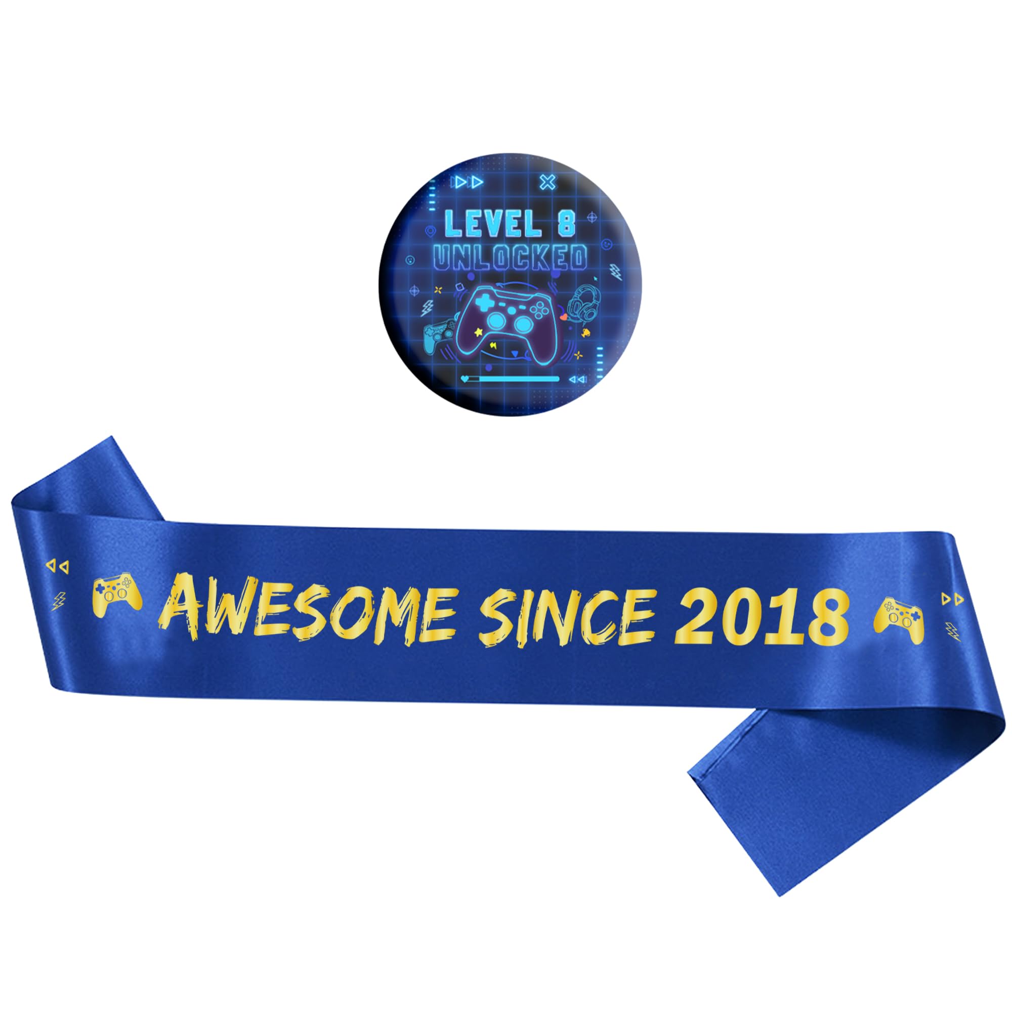 Gaming 8th Birthday Decorations Sash - Boys Level 8 Unlocked Button Badge, Blue Happy Birthday Sash for 8 Years Old Birthday Party Supplies