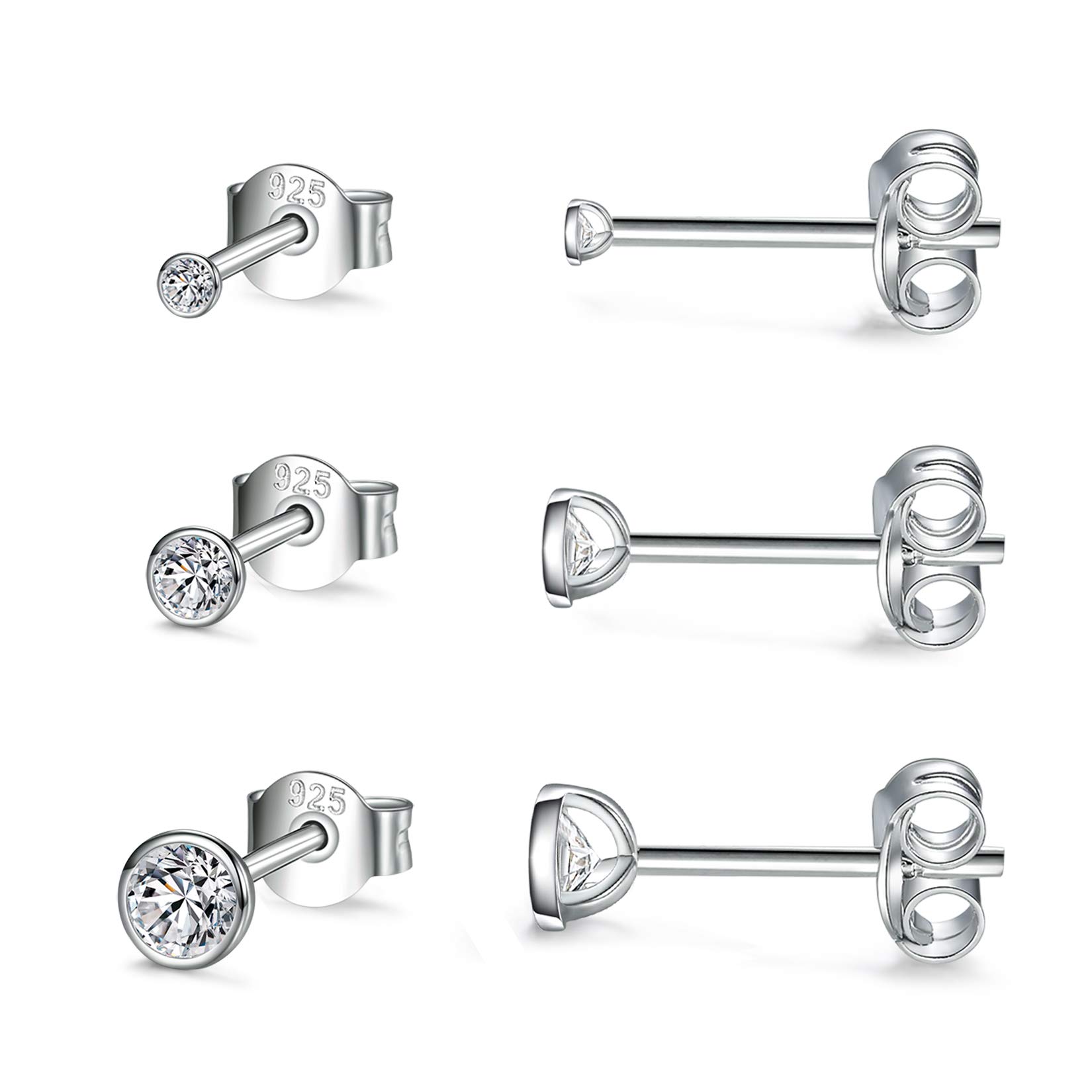 CERSLIMO Silver Stud Earrings for Women Men Girls, 3 Pairs Sterling Silver Tiny Round Stud Earrings Small Dainty Cartilage Tragus Cubic Zirconia Earrings Set (2/3/4mm, Silver) — image 1
