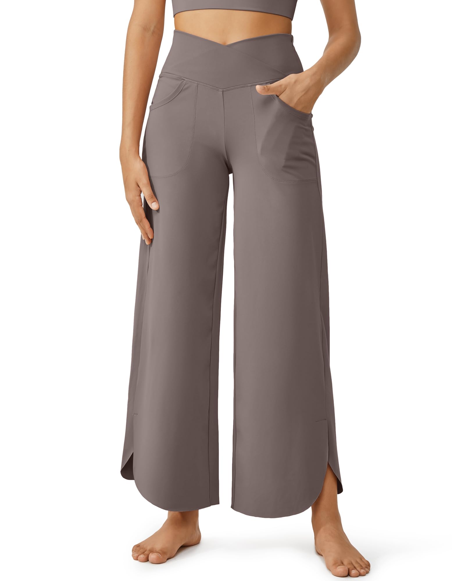 Photo 1 of G4Free Loose Yoga Pants for Women with Pockets Wide Leg Stretch Sweatpants for Workout Casual Lounge Cropped Palazzos(Taupe,S,27")