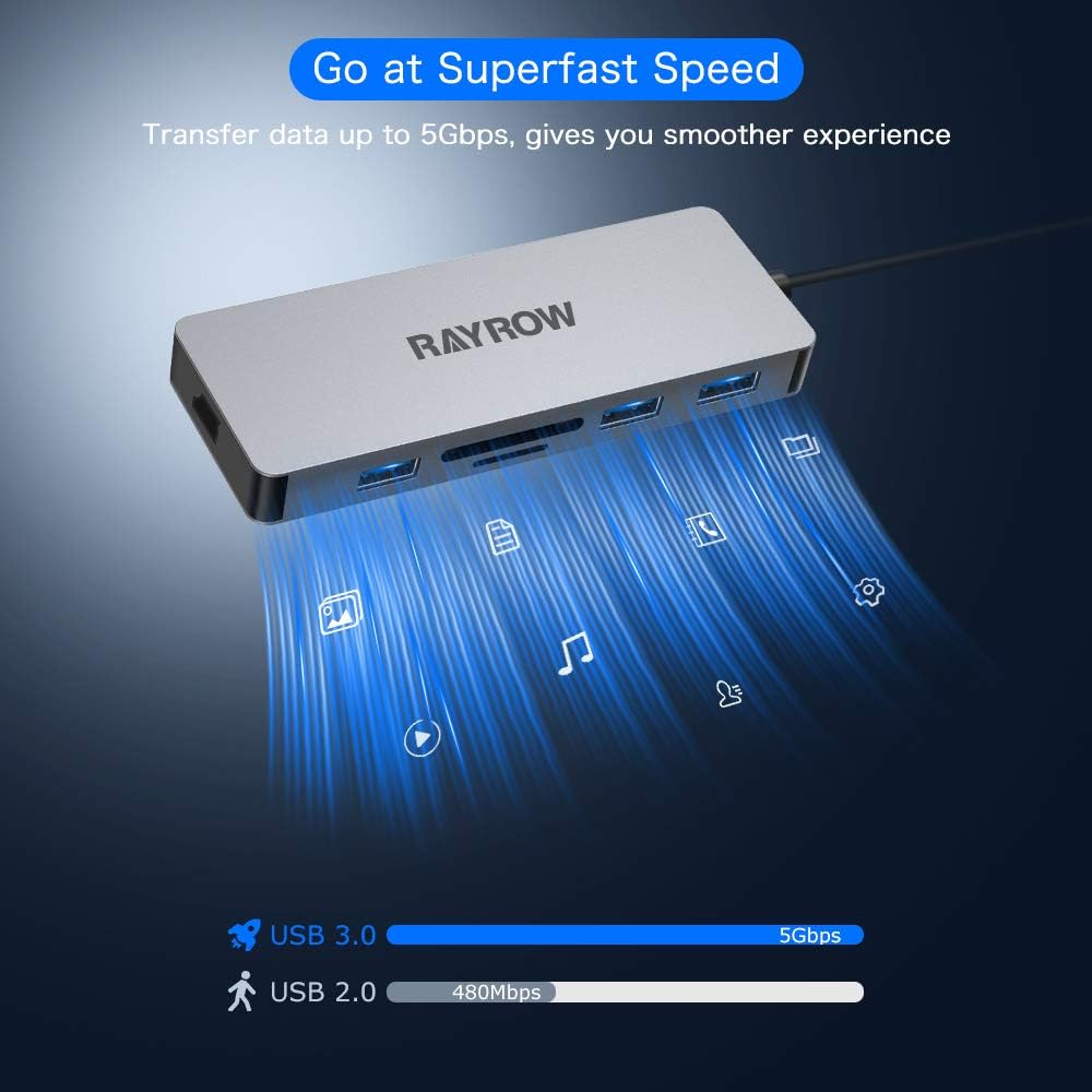 RAYROW USB C Hub, 6-in-1 USB C Adapter for MacBook Pro/Air 2020/2019/2018 with 4K USB-C to HDMI, 3 USB 3.0 Ports and SD/TF Card Reader for Galaxy Note 10 S10 S9 S8, Chromebook, XPS: Computers & Accessories