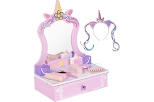 BRINJOY Wooden Vanity Set for Kids, Toddler Tabletop Beauty Salon Play Set w/Accessories & Drawer, Princess Makeup Pretend Play Vanity Table Toy with Mirror for Little Girls Age 3-8