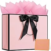 1PCS Gift Bag with Ribbon and 2 Tissue Paper 1 Greeting Card, Large Portable Paper Gift Bags with Handles, Paper Bags for Retail, Party, Shopping, Favor, Wedding Party Mothers Day, Birthday Gift Bags (Pink + Black Frame)