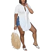 qfmqkpi Women Sexy V Neck Side Slit Collared Blouse Button Down Short Sleeve Long Shirts Tops