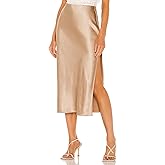 Womens High Waisted Satin Midi Skirts Elegant Flared A Line Elastic Waistband Silk Slit Skirt for Women