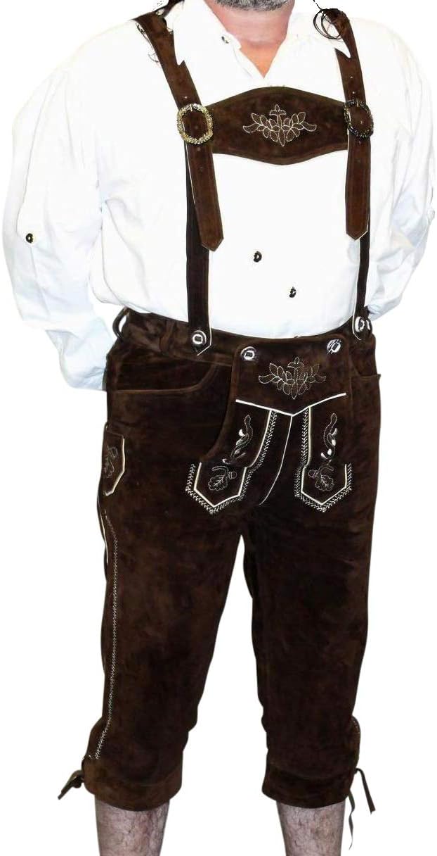 2-Piece Leather German Oktoberfest Lederhosen Shorts Pants 32 Brown