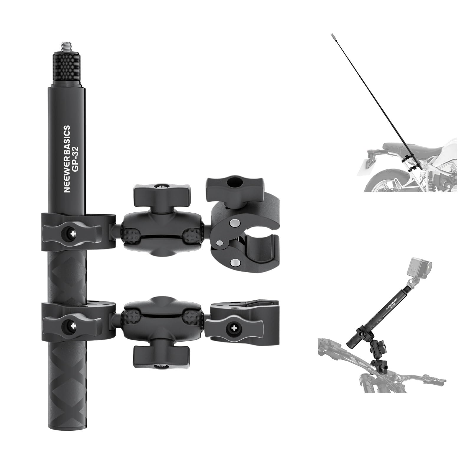 Photo 1 of NEEWER Basics Motorcycle Bike Mount Accessories Kit, Invisible Selfie Stick Bicycle Handlebar Clamp Holder Compatible with Insta360 DJI OSMO 360 Pocket 3 Action Cameras for POV Video Recording, GP-32