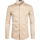ZEROYAA Men's Banded Collar Slim Fit Long Sleeve Casual Button Down Dress Shirts with Pocket