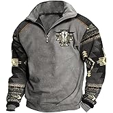 Zhyaj Western Sweatshirts for Men Aztec Ethnic Print Quarter Zip Pullover Fleece Hoodies Casual Stand Collar Sweatshirt