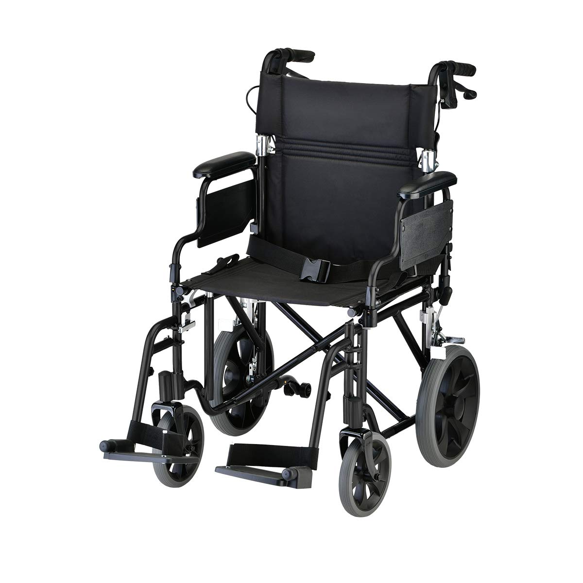 nova lightweight transport chair with locking hand brakes, 12” rear wheels, removable & flip up arms for easy transfer, anti-tippers included, black