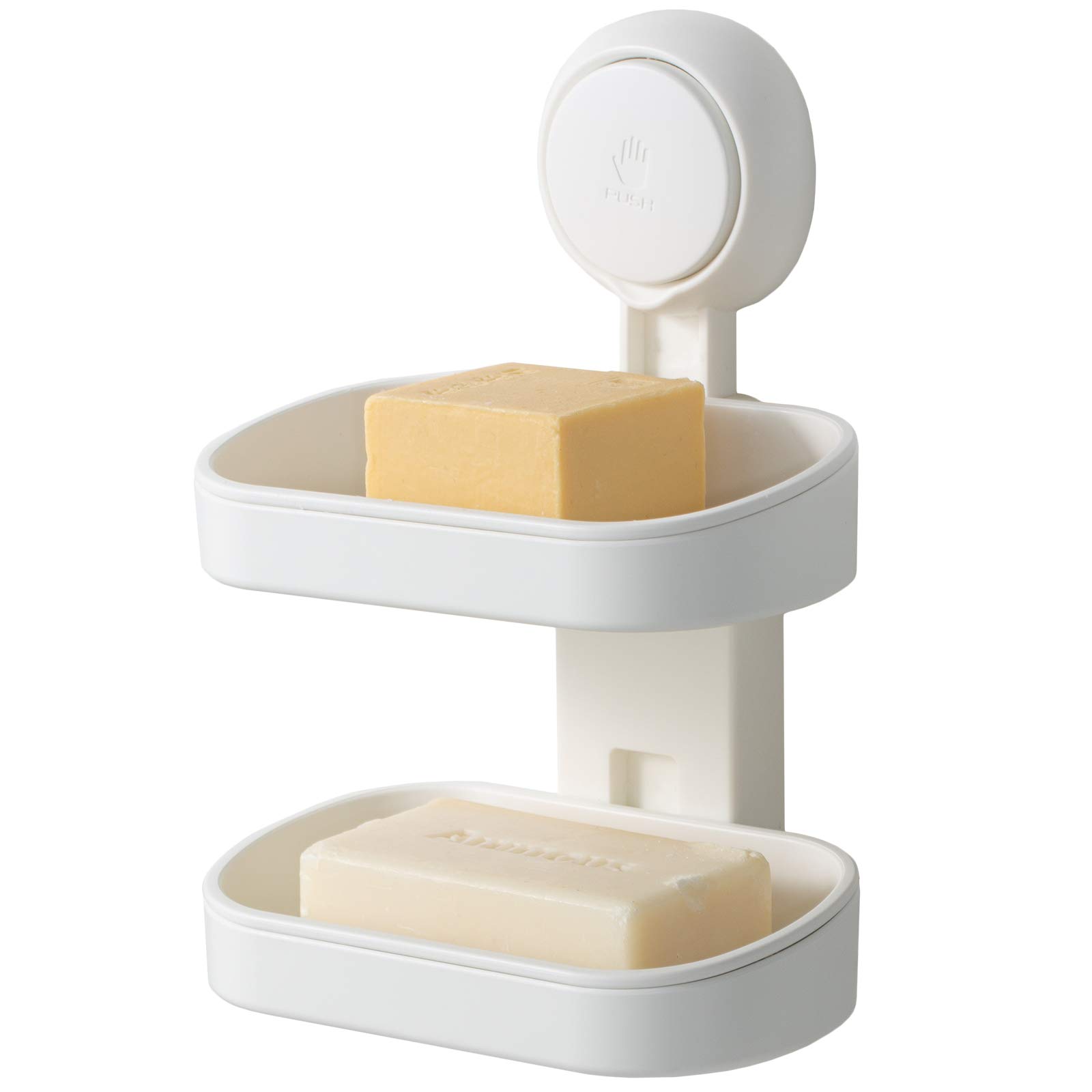 LEVERLOC Soap Dish for Shower, Max Hold 3 KG Suction Soap Holder for Bathroom, Bathtub, Wall Mounted, Waterproof, Drill-Free, Removable Double Layer Shower Organizer, Sponge Holder, Plastic In White