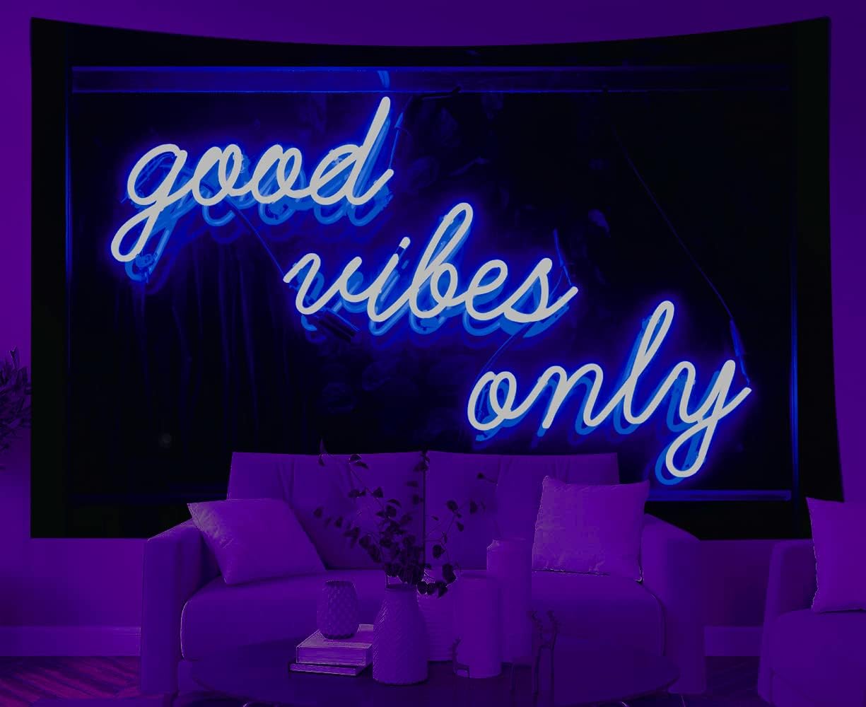 Tapestries - Musesh Blue Neon Tapestry Good Vibes Only Words Glow in The Dark Tapestry for Teen Girl Bedroom Dorm Living Room Decor 80X60 Inch
