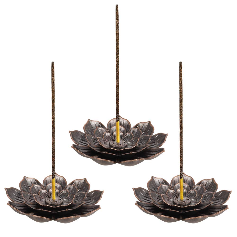 umorismo 3 pieces Retro Lotus Holder Brass Incense Holder Lotus Stick Incense Burner and Cone Incense Holder 6 Incense Holes with Detachable Ash Catcher for Home Office