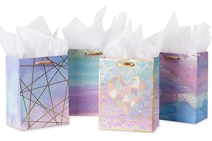 Loveinside Medium Size Gift Bags-Colorful Marble Pattern Gift Bag with Tissue Paper for Shopping, Parties, Wedding, Baby Shower, Craft-4 Pack-7" X 4" X 9"