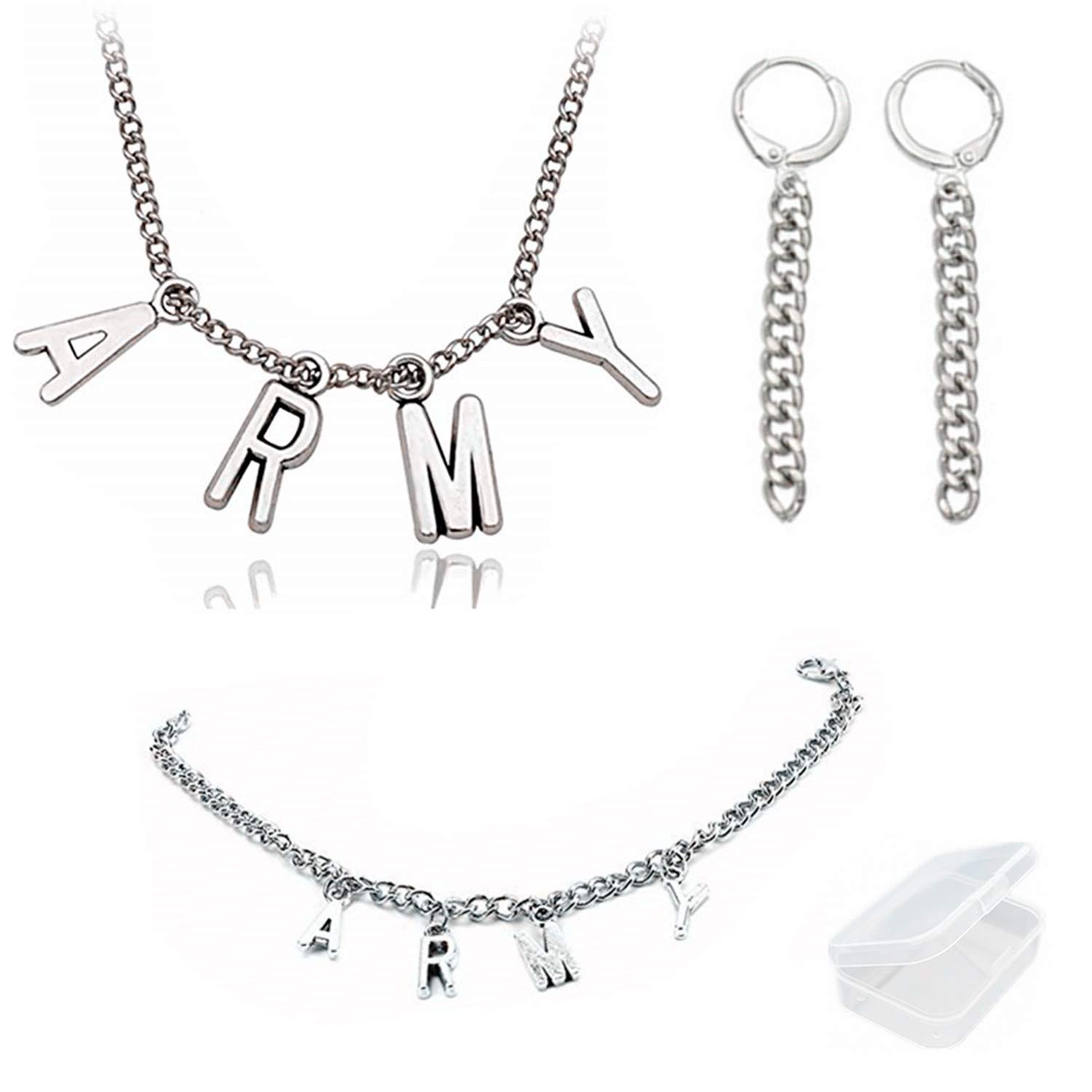 PPXKpop BTS Army Letters Bracelet Necklace Set Vintage Chic Unisex and 2 Earrings for Fans with Transparent Box