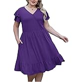Celkuser Plus Size Casual Wrap V-Neck Ruffle Short Sleeve Midi Dress for Curvy Women with Pocket Spring and Autumn Dress
