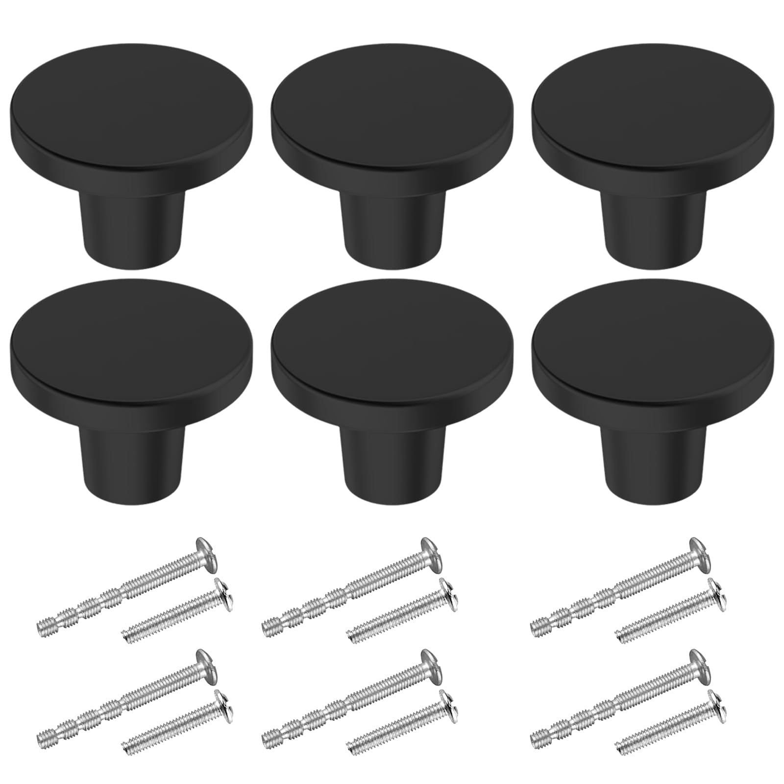 BIGLUFU 6 Pcs Brass Drawer Knobs, 1"/25mm Round Kitchen Cabinet Knobs, Furniture Door Handles Cupboard Pulls with Screws, Brushed Finish (Black)