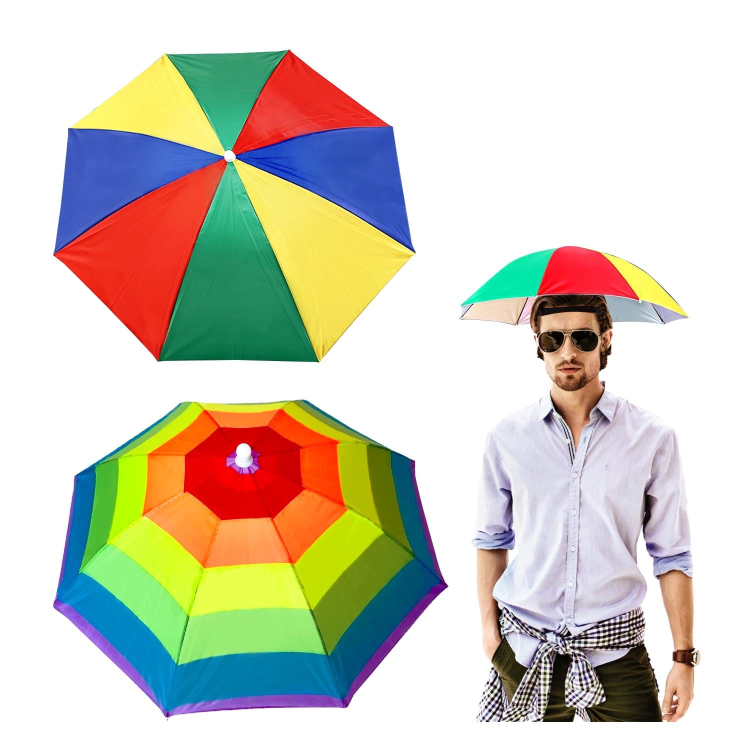 GWAWG 2 PCS Umbrella Hat Head Umbrella Adult Kids with Elastic Band Rainbow Watermelon Pattern for Outdoor Fishing Golf Activities