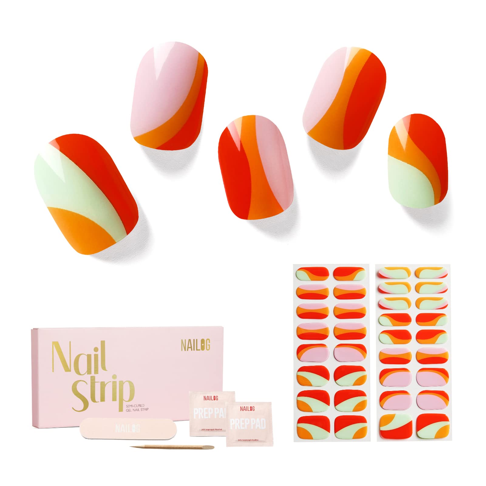 NAILOG Semi Cured Gel Nail Strips, 34 pcs Salon-Quality Gel Nail Stickers, Long Lasting Nail Wraps for Women with Soft Gel Finish, Lollipop — image 1