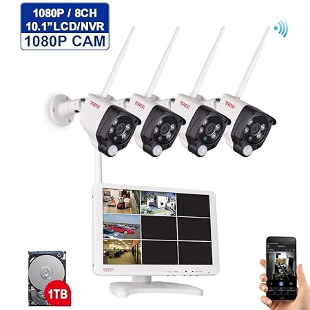 ?Mikrofon & PIR? Tonton 8CH Audio Überwachungsset mit 10.1' Full HD LCD Monitor + 4 x 1080P Kamera mit Mikrofon 1TB Festplatt