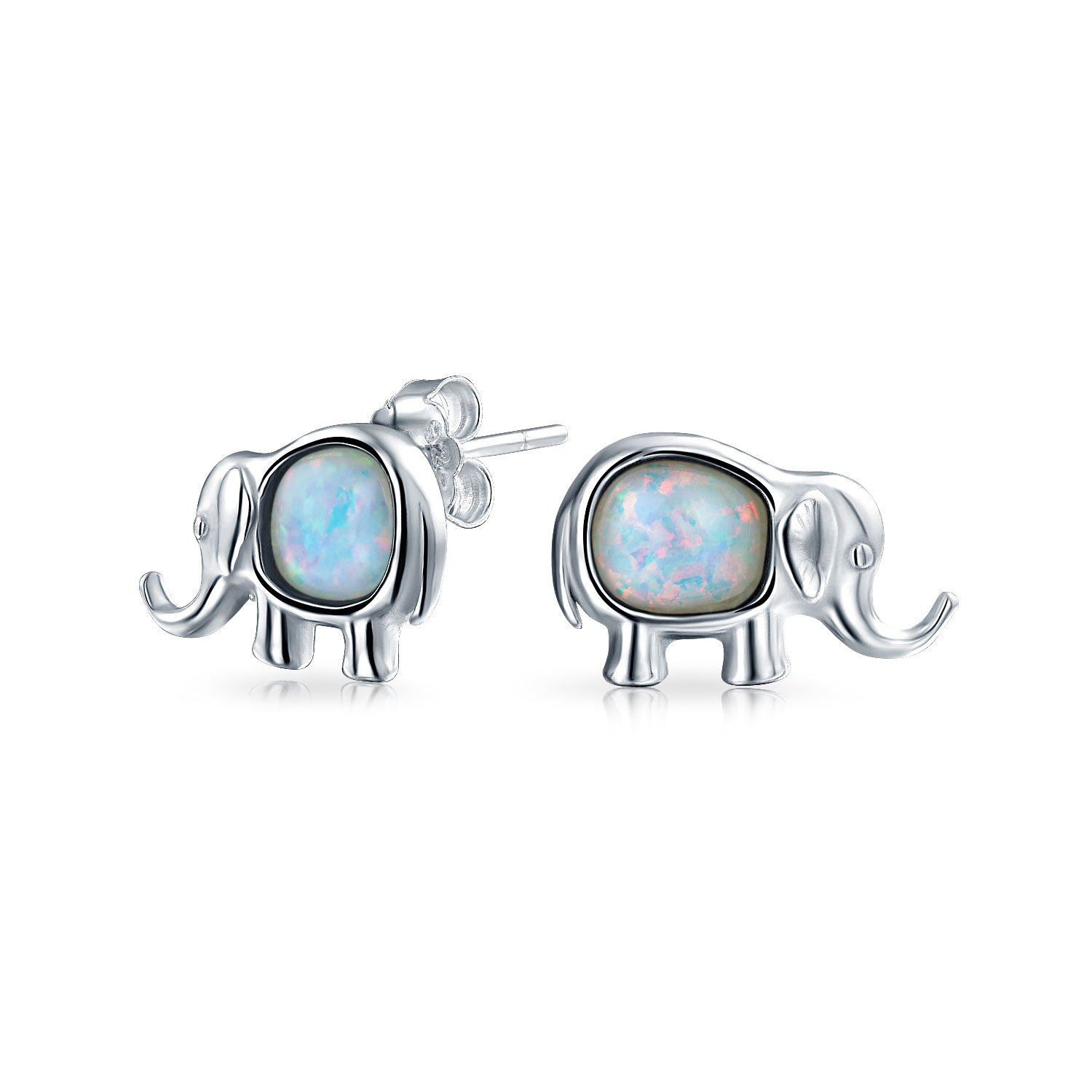 Lucky Dainty Small Gemstone Created White Opal Zoo Animal Lover Good Luck Elephant Stud Earrings For Women Teen .925 Sterling Silver October Birthstone