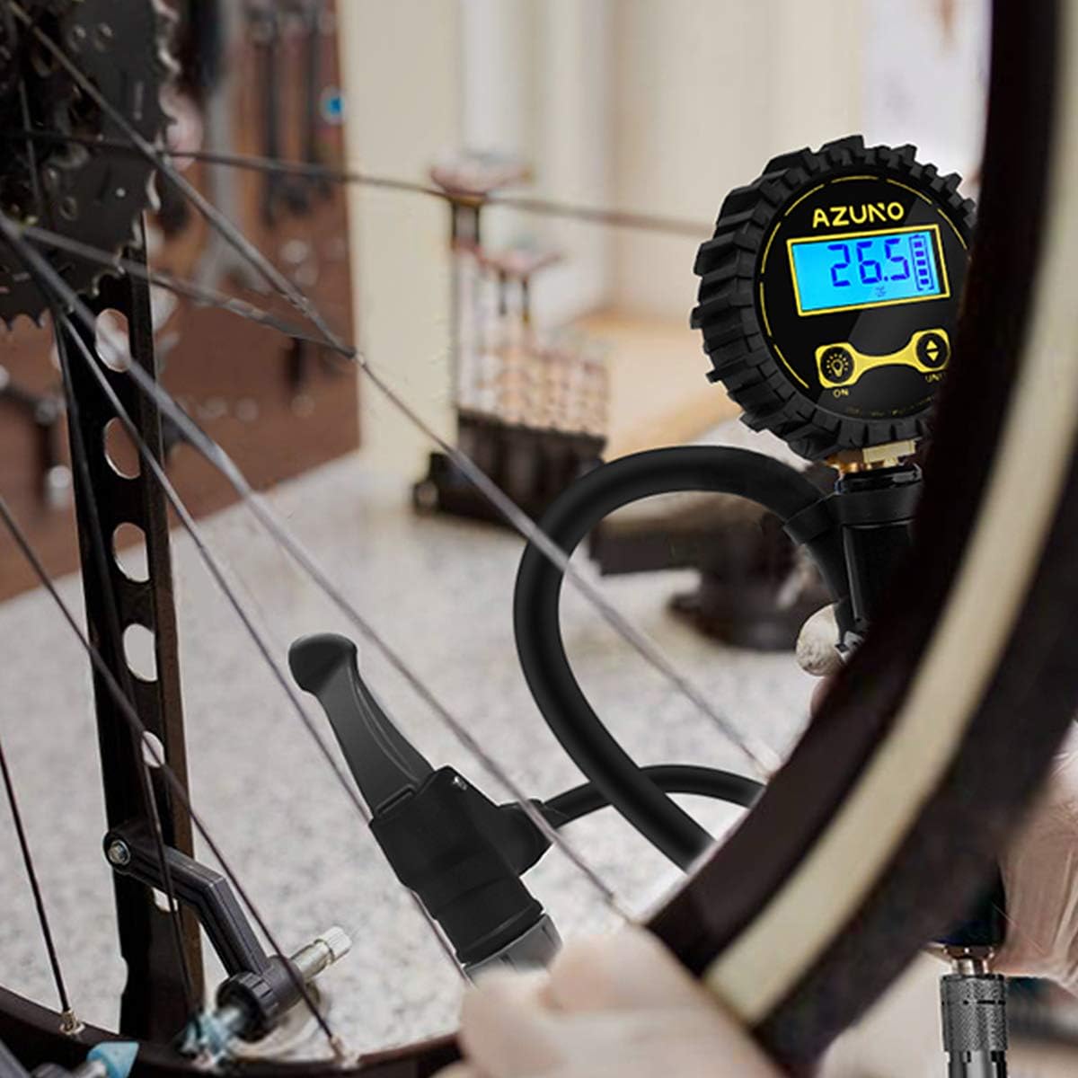 AZUNO Bike Tire Inflator with Pressure Gauge, 200 PSI, w/Auto-Select Presta Schrader Chuck on 18" Rubber Hose, Lock on Air Chuck, Quick Connect Coupler, Bicycle Accessories : Sports & Outdoors