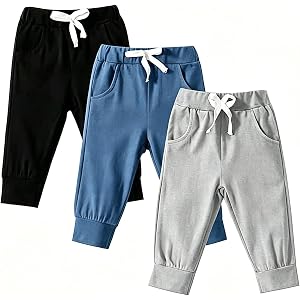 Qmlyev Baby Boys Girls 3 Pack Sweatpants Toddler Solid Elastic Waist Bottom Joggers Pants Unisex Newborn Infant Trousers
