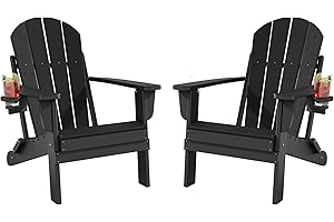 Adiromoti Folding Adirondack Chairs Set of 2, All-Weather Resistant HDPE Patio Firepit Chairs, Sturdy Outside Chairs with Cup Holder, Lawn Chairs, 80% Pre-Installed Load Capacity 385lb, Black