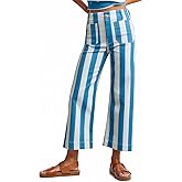 Kedera Women Striped Pants Wide Leg Trousers Casual High Waisted Pants Summer Flare Jeans with Patched Pockets