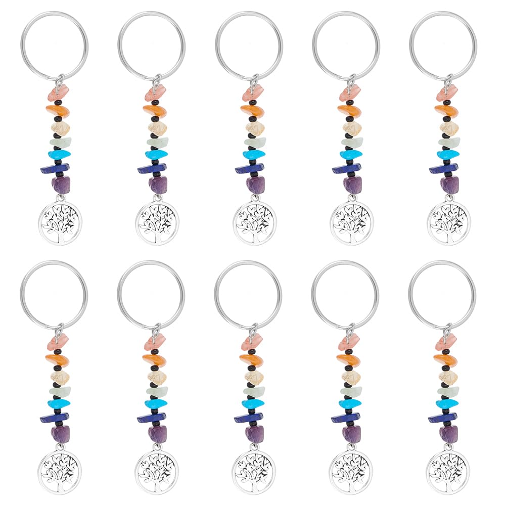 UNICRAFTALE 16Pcs 7 Chakra Keyring Crystal Gemstone Chips Keychains with Alloy Charms Pendants Findings Flat Round with Tree of Life Keychain Key Chain Stone Charmes Keychain Charm Gift