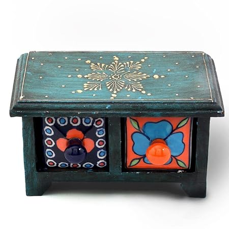 Creative Studio Wooden Ceramic Blue Pottery Double Drawer Set