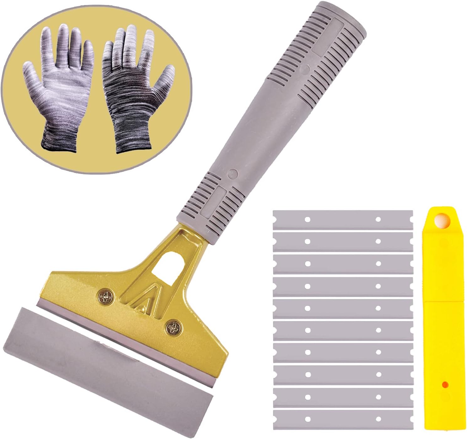 wanguan Razor Blade Scraper, 4 Inch Scraper Tools for Glass with 10PCS Replacable Blades, Multi Purpose Floor Scraper for Gum, Wall, Stove, Paint, Caulk, Labels, Adhesive, Sticker, Tile （With Gloves）