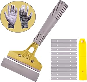 wanguan Razor Blade Scraper, 4 Inch Scraper Tools for Glass with 10PCS Replacable Blades, Multi Purpose Floor Scraper for Gum, Wall, Stove, Paint, Caulk, Labels, Adhesive, Sticker, Tile （With Gloves）