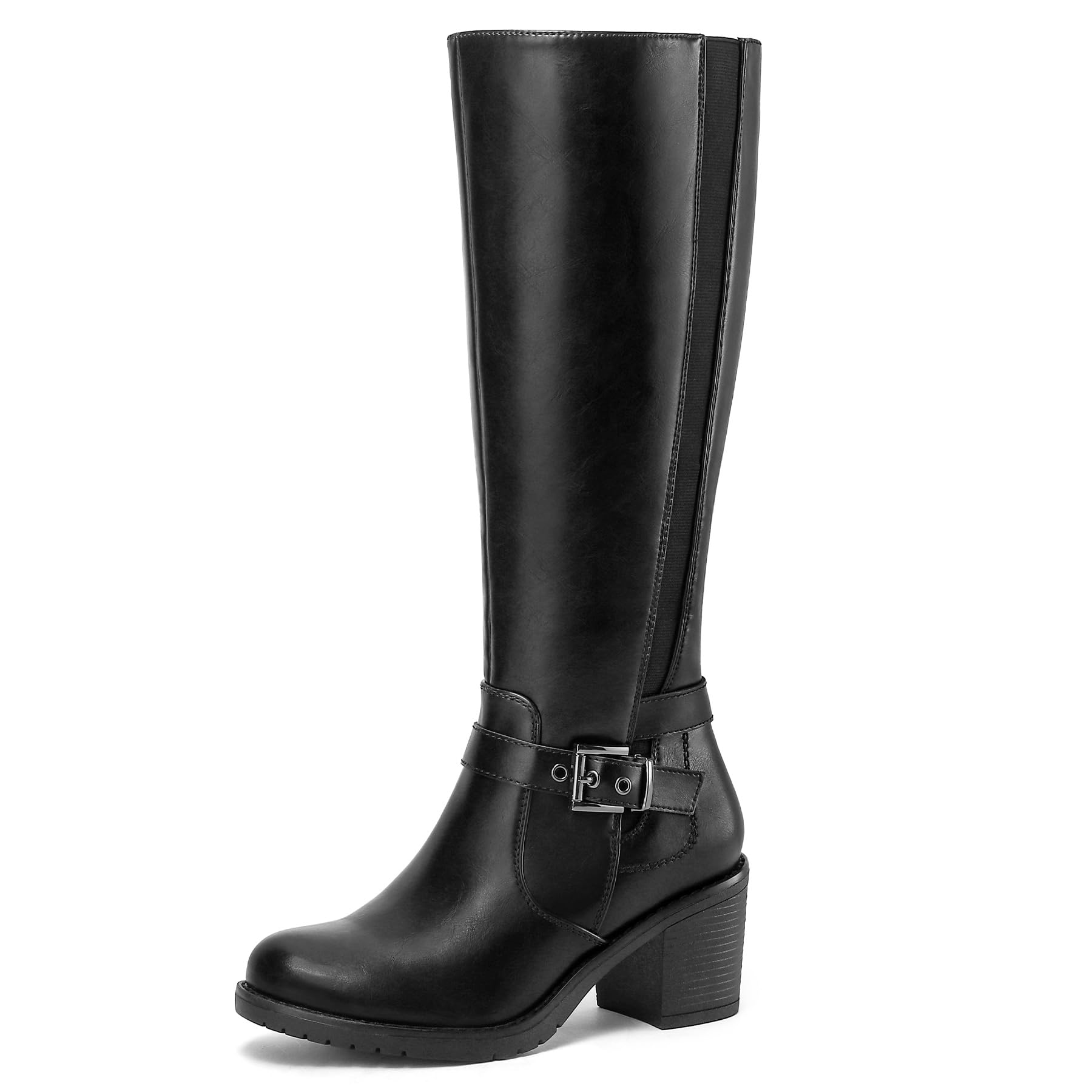 Photo 1 of mysoft Women's Knee High Boots Chunky Block Heels with Side Zipper and Stretchy Elastic Panels