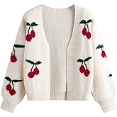 SHENHE Girl's V Neck Cherry Print Cute Open Front Soft Drop Shoulder Cardigan Sweater