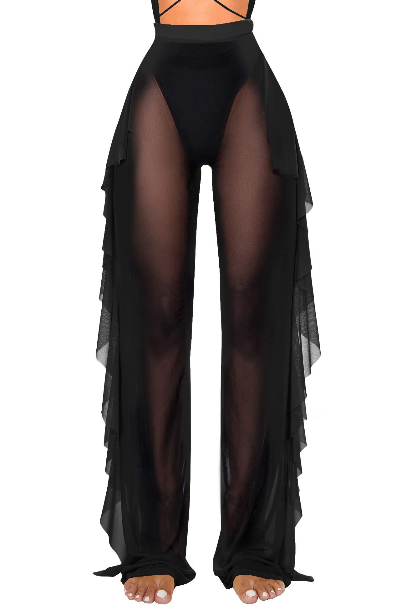 Photo 1 of Jumppmile Women's Sexy Ruffle Sheer Mesh Bikini Swimsuit Bathing Wear Cover Up Pants See Through S Black