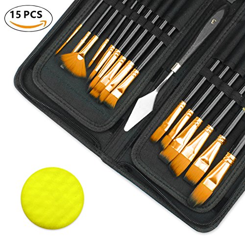 15 pcs Painting Brushes Set Art Paint Brush Kit with Case,Painting Knife,Watercolor Sponge and Palette for Painter Artist Painting,Wooden Handle Brush