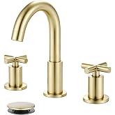 gotonovo 8&rsquo;&rsquo; Bathroom Sink Faucet 3 Hole Brushed Gold,Curved Spout | Widespread Bathroom Faucet,6-16&rsquo;&rsquo; Vanity,Sink,RV,Lavatory,2 Cross Handle,SUS304,360&deg; Swivel Spout,24&rsquo;&rsquo; cUPC Hose,Pop Up Drain
