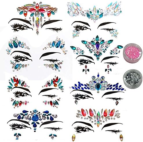 Face Gems, 8 Pcs Women Face Jewels Crystal Face Glitter Rhinestone Bindi Temporary Tattoo Face Eyebrow Body Stickers with 2 Boxes Glitter Powder