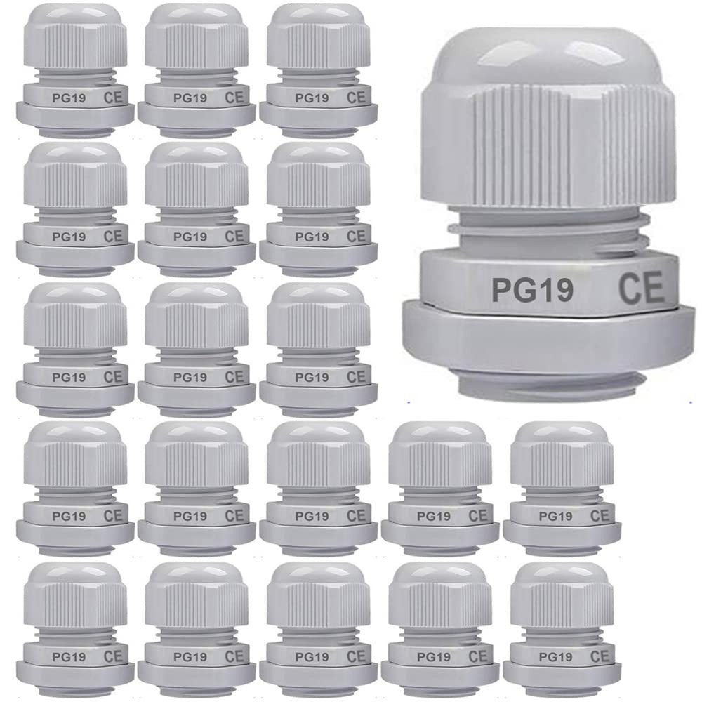 Gebildet 20Pcs Cable Gland, PG19 Plastic Waterproof Adjustable 12-16mm IP68 Cable Gland Joint with Rubber Gaskets, M24*1.5 Wire Connector, Wire Protector (White)