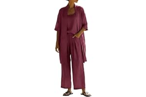 Linen 3 Piece Lounge Sets for Women, Long Cardigan Lightweight Cami and Wide Leg Pant Set, Summer Boho Matching Outfits