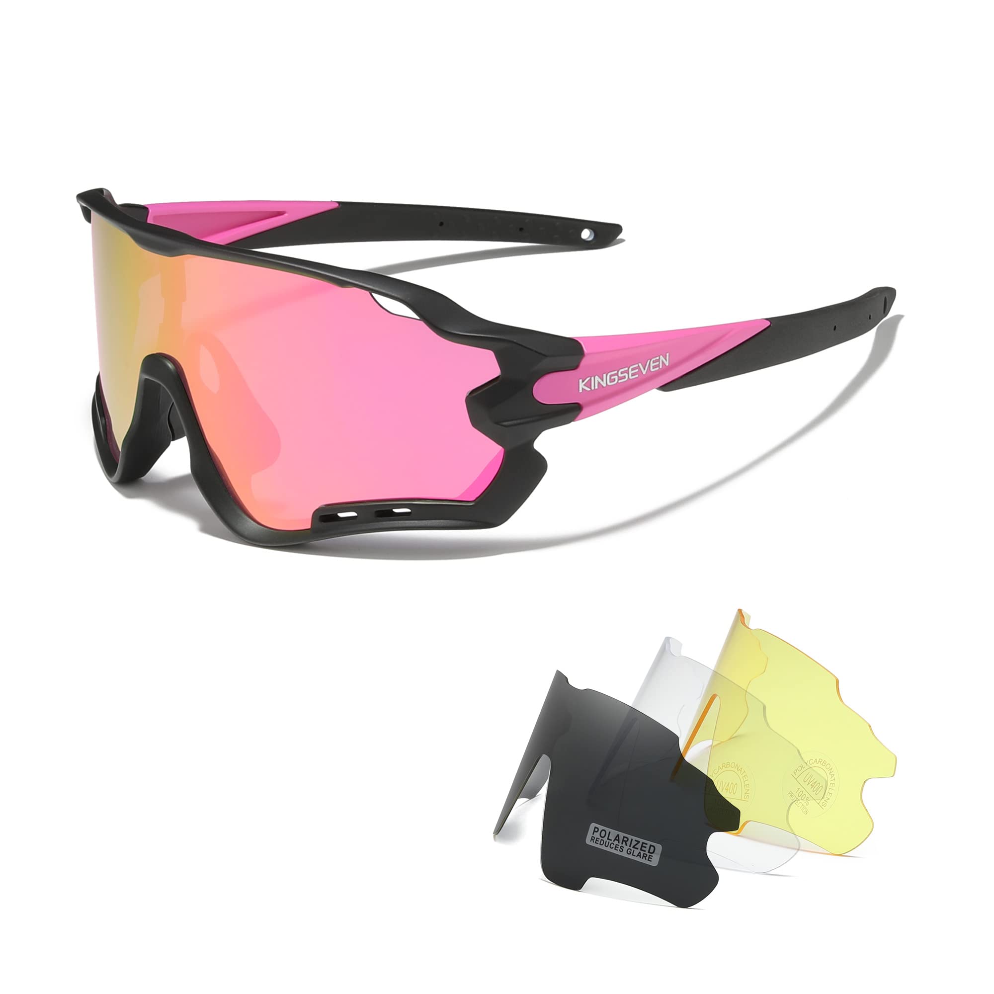 KINGSEVEN Polarized Cycling Glasses for Men Women Bicycle Sports MTB Road Bike Sunglasses with 4 Interchangeable Lenses LS-911 (Pink)