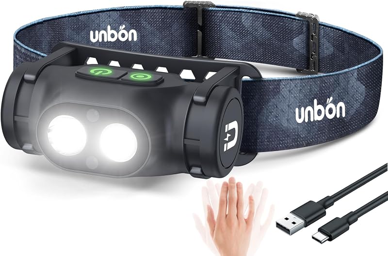 Linterna Frontal LED Recargable USB C, Linterna Cabeza LED Alta Potencia con 3 Modos de Iluminación, Sensor Movimiento y Base Magnética, Luz Frontal Cabeza Potente Recargable Impermeable IPX4