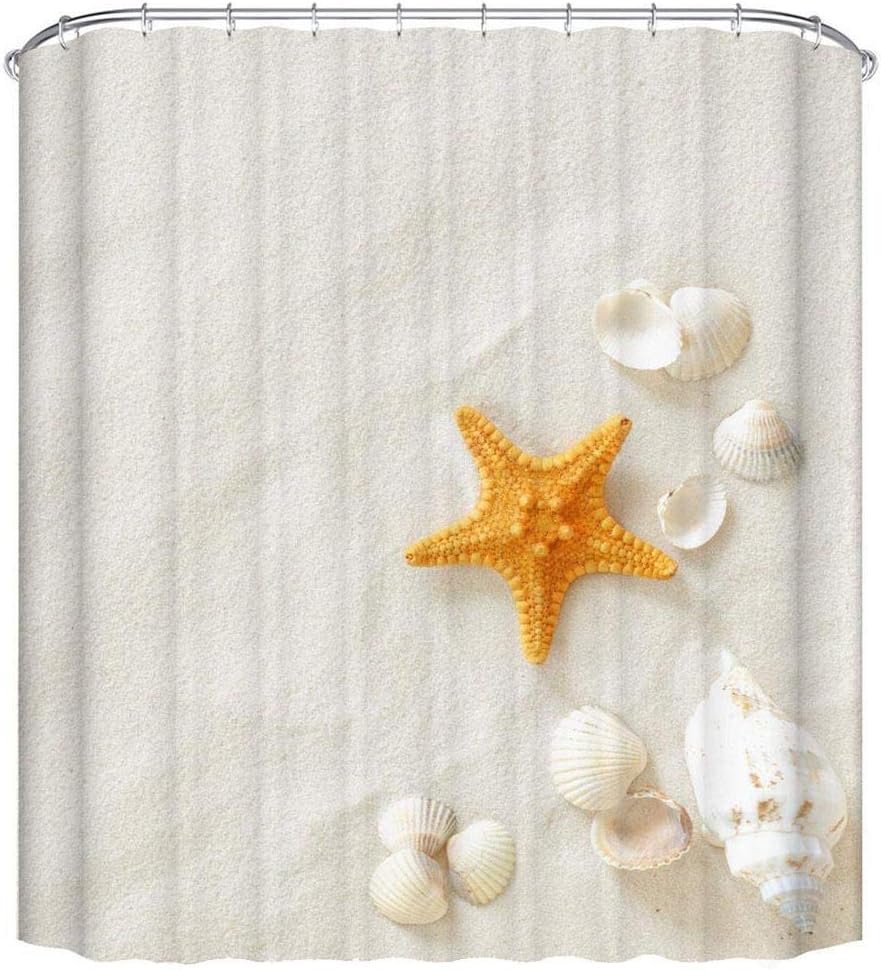 HERME Eco-friendly Beach Starfish Shell Polyester Washable Bath Decor Shower Curtains 1#