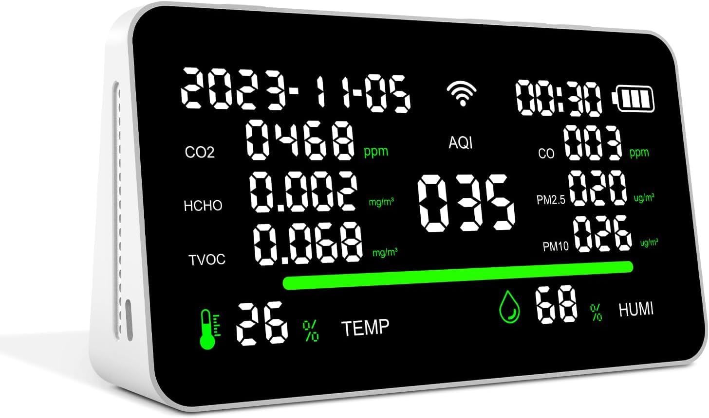 Photo 1 of 11-in-1 Air Quality Monitor, Indoor CO2/VOC/AQI/PM2.5/Thermometer/Humidity Monitor, Portable Smart Air Quality Meters, Air Quality Tester for Home Office Outdoor, Battery Powered (White)