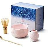 Natural Crystal Flower Matcha Set - 4 Pcs Food Grade Matcha Kit with Spouted Bowl, Matcha Whisk, Scoop and Chasen Holder - Matcha Tea Ceremony Gift for Matcha Lovers (Sakura Whisper)