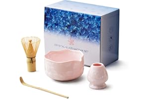 DIWU Natural Crystal Flower Matcha Set - 4 Pcs Food Grade Matcha Kit with Spouted Bowl, Matcha Whisk, Scoop and Chasen Holder - Matcha Tea Ceremony Gift for Matcha Lovers (Sakura Whisper)