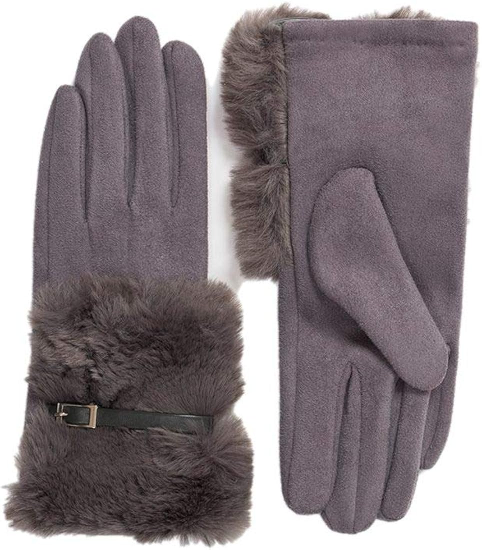 Ladies Gloves Faux Fur Trim Grey Glove with Leather Look Strap
