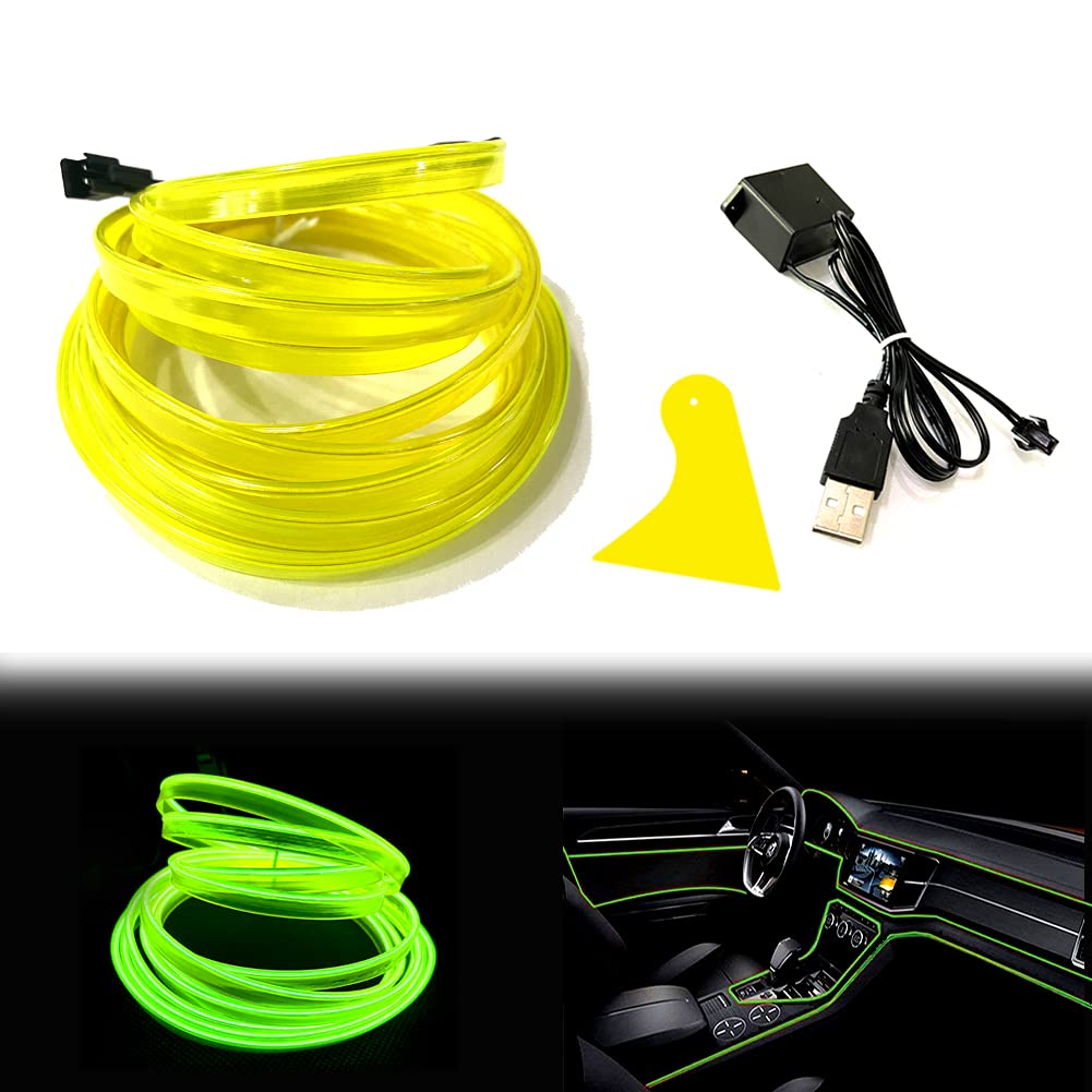 Balabaxer El Wire Lemon Green Interior Car LED Strip Lights, 3M Neon Wire USB 5V with Fuse Protection for Automotive Car Interior Decoration with 6mm Sewing Edge…